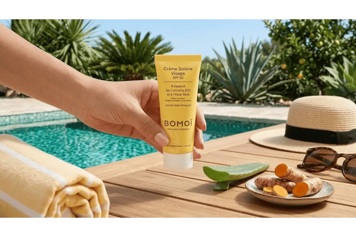 Avis BOMOÏ Crème solaire visage SPF30 Bio au curcuma aloe vera dioxyde de titane 40ml certifiée Ecocert cosmétique bio Made in France reçue dans la box Belle au Naturel juillet 2026