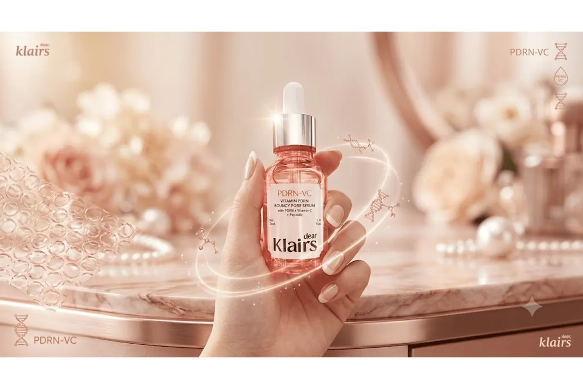 Sérum Klairs PDRN dans la main ambiance rose dorée K-Beauty