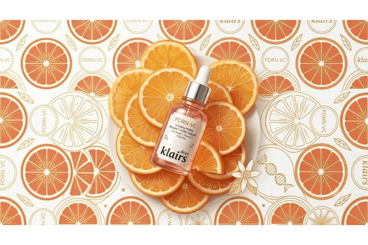 Sérum Klairs PDRN sur oranges vitamine C fond blanc et orange K-Beauty