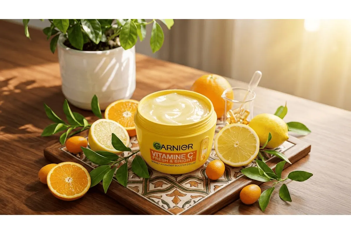 Crème Garnier SkinActive Vitamine C mise en scène avec citrons, oranges et kumquats sur plateau en carreaux de ciment