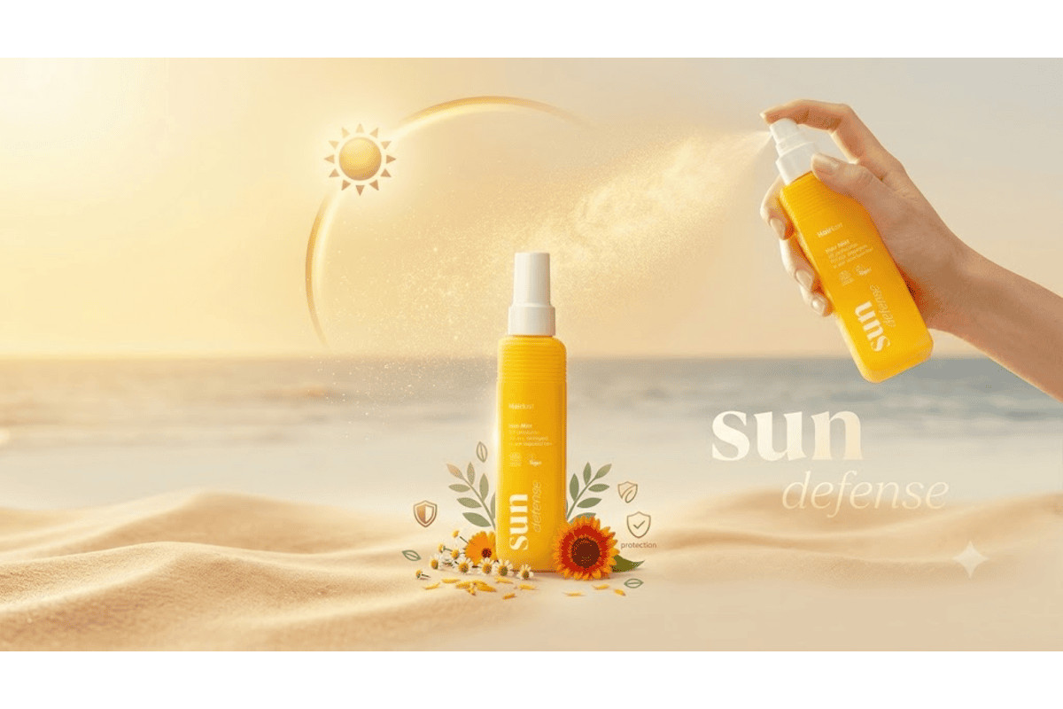 Hairlust Sun Defense Hair Mist flacon spray jaune brume protection solaire cheveux plage sable soleil fleurs avis 150 ml certifié Ecocert vegan extrait chêne français Phytessence