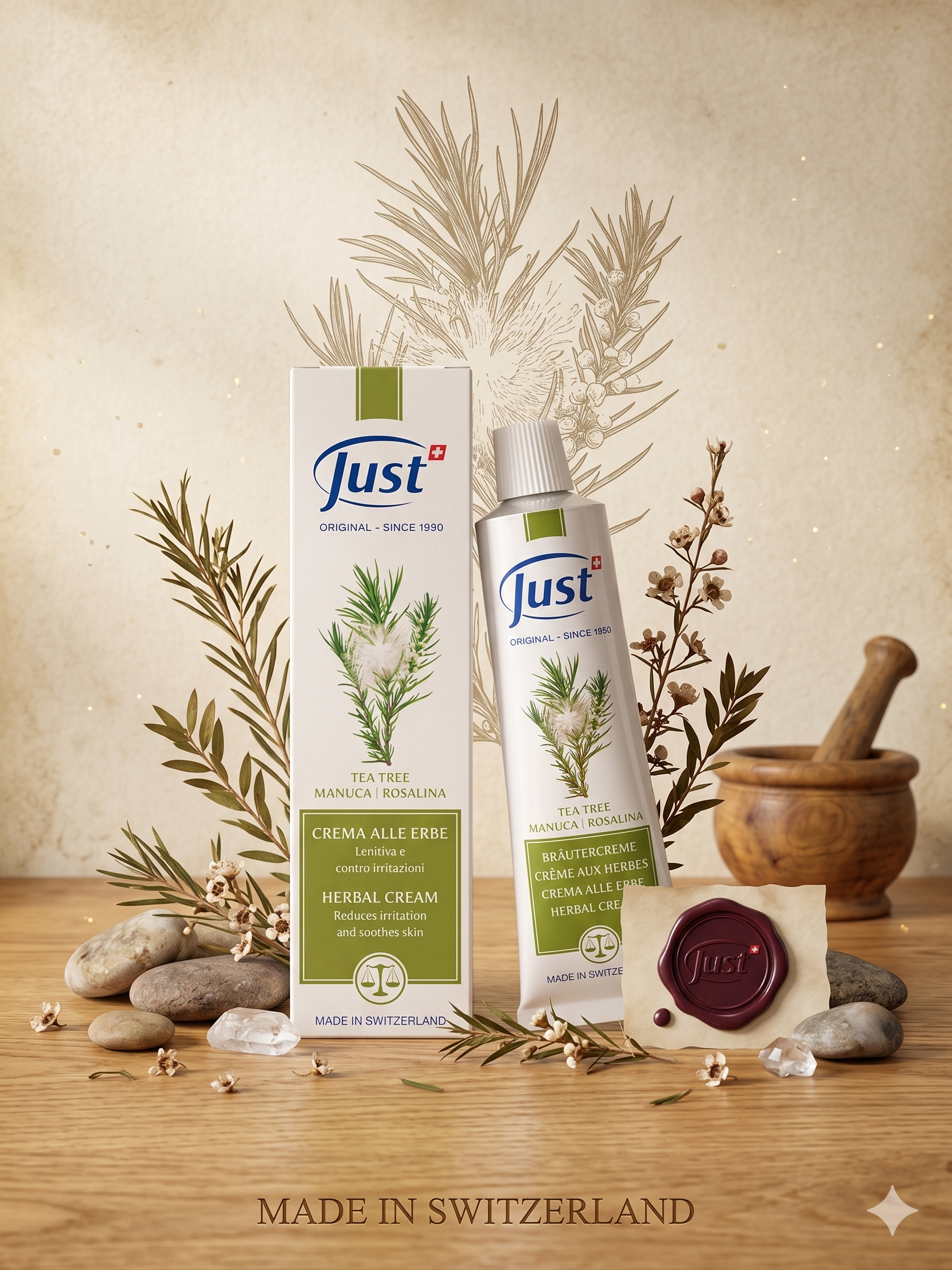 Crème JUST Tea Tree Manuka Rosalina pot vert anti-imperfections soin peau
