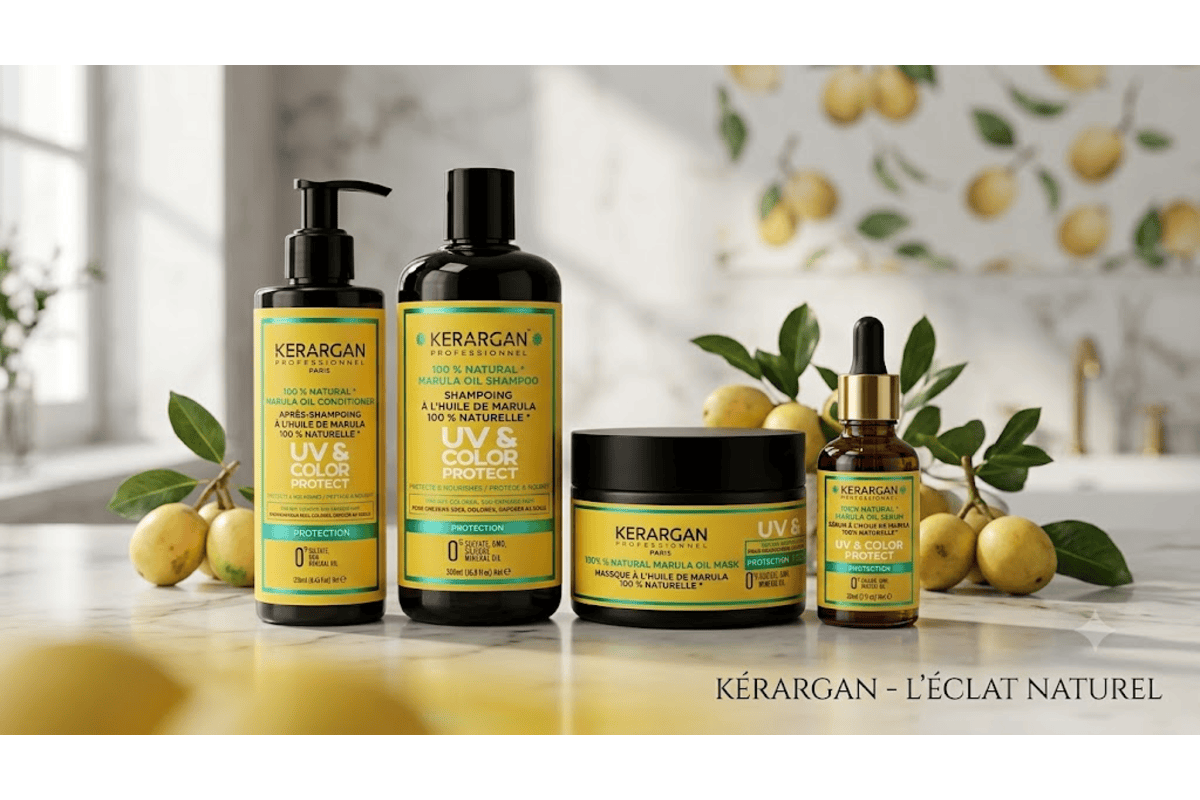 Kerargan UV Color Protect trio huile de Marula shampoing 500 ml après-shampoing 250 ml masque 250 ml sérum flacons noirs étiquettes jaunes fruits marula sur marbre blanc cuisine moderne 100% naturel sans sulfate
