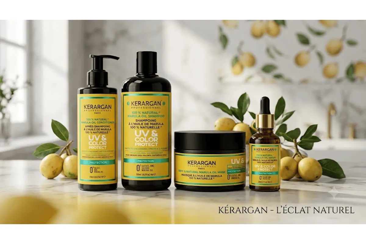 Kerargan UV Color Protect trio huile de Marula shampoing 500 ml après-shampoing 250 ml masque 250 ml sérum flacons noirs étiquettes jaunes fruits marula sur marbre blanc cuisine moderne 100% naturel sans sulfate