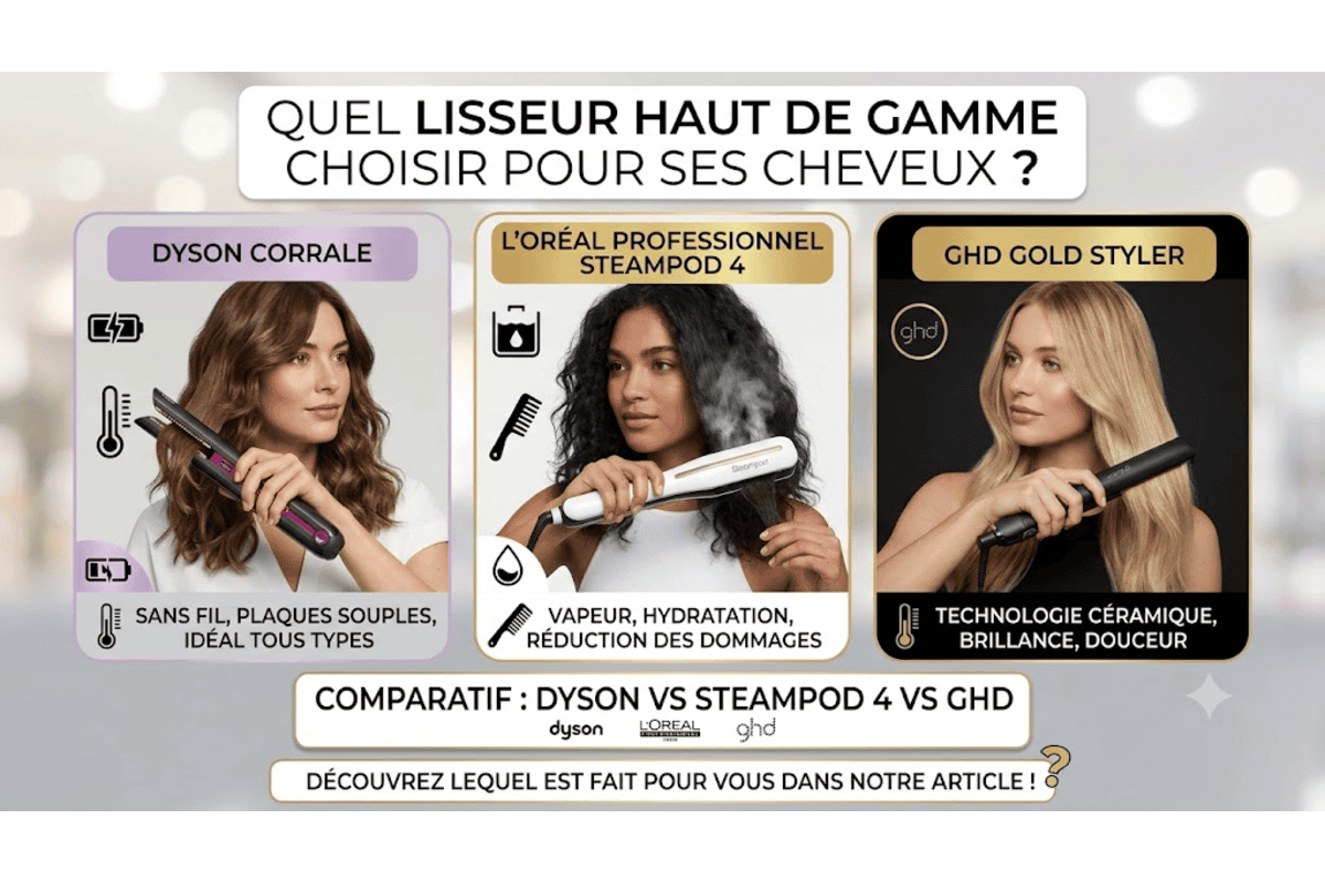 Comparatif lisseurs haut de gamme Dyson Corrale Steampod 4 L'Oréal Professionnel GHD Gold Styler femmes cheveux bruns bouclés blonds