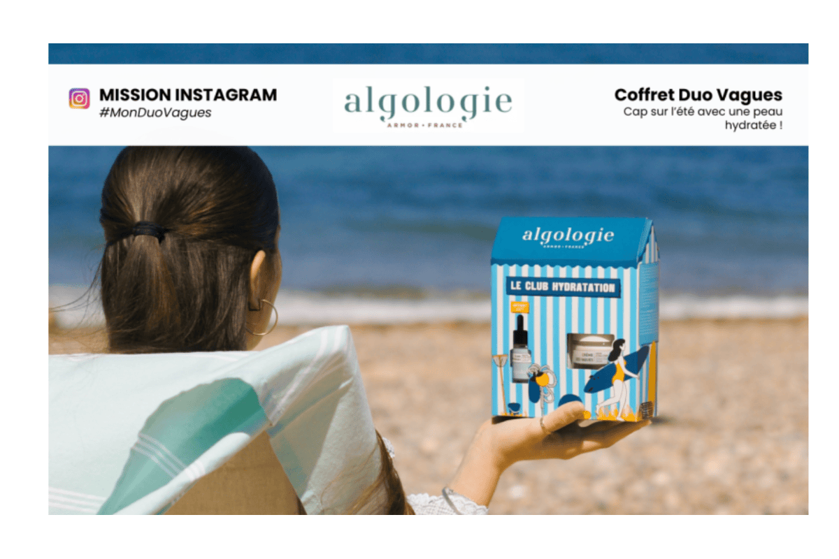 Test gratuit Algologie mission Instagram Coffret Duo Vagues été Crème Hydra-Fondante Élixir des Vagues biotechnologie marine bretonne ALGO 4 acide hyaluronique femme plage cap été peau hydratée