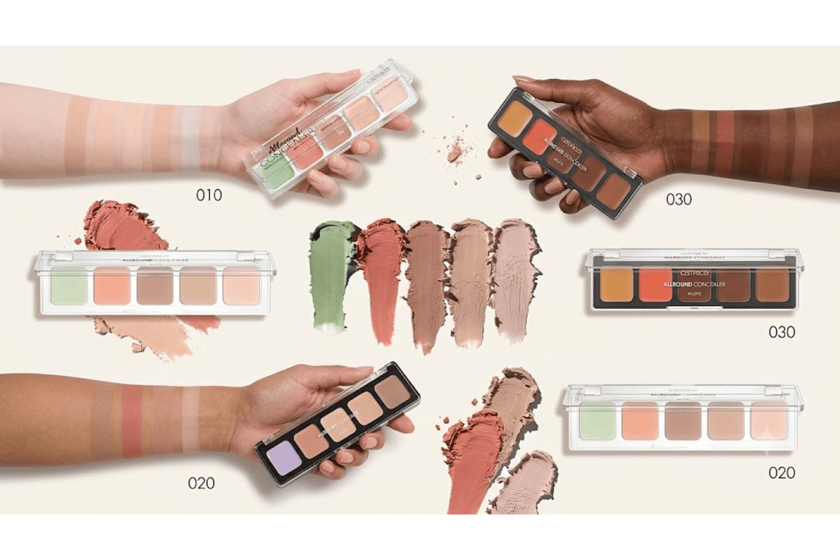 Catrice Allround Concealer palette correcteur contouring 5 teintes crémeuses vert beige rose nuances 010 020 030 swatches sur peau mains fond crème test produit gratuit Free Cosmetic Testing