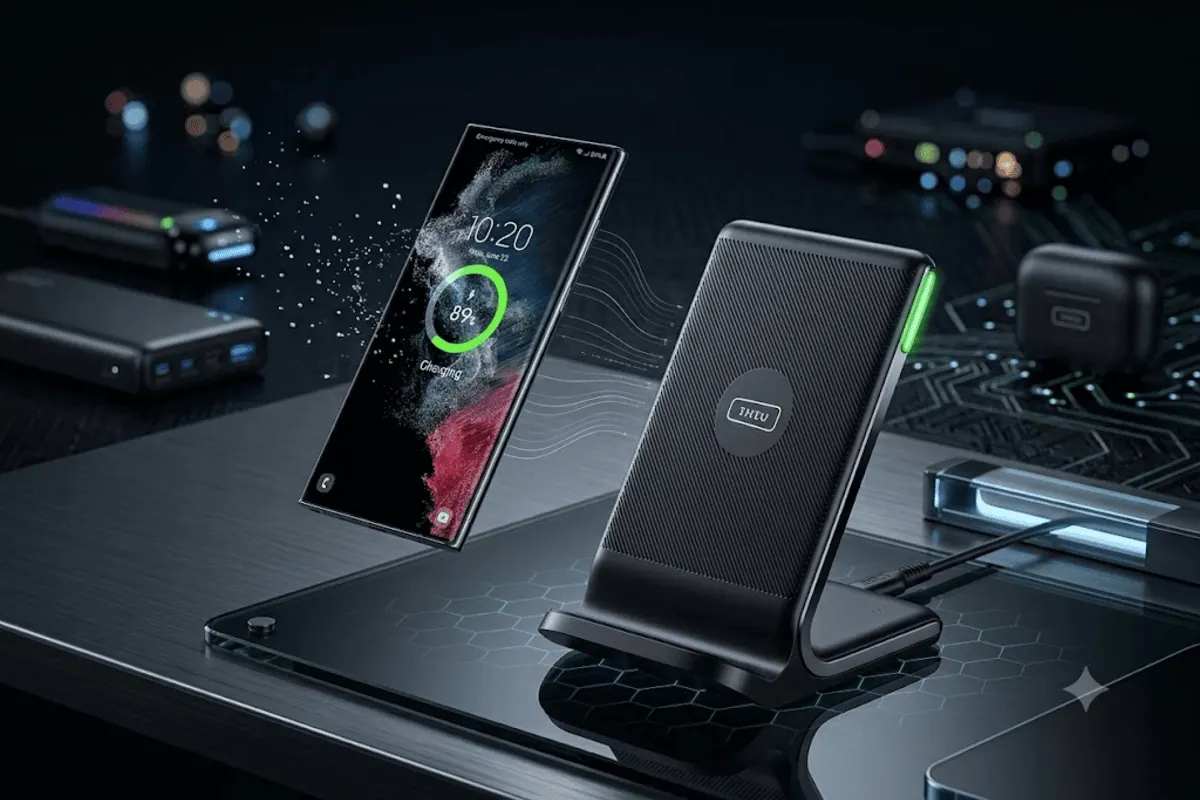 Chargeur à induction INIU noir posé sur bureau tech avec smartphone Samsung Galaxy en charge à 89 pourcent et batterie externe INIU