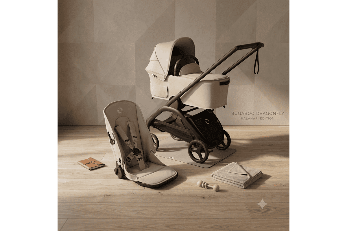 Bugaboo Dragonfly Plus Kalahari Edition poussette 2 en 1 nacelle beige siège réversible châssis noir + carnet couverture jouet bois sur parquet visuel test gratuit Consobaby 1099 €