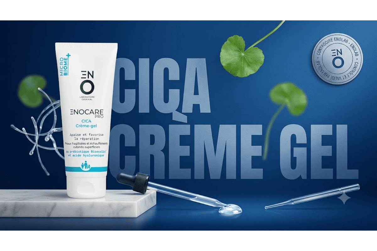 Tube ENOCARE PRO CICA Crème-gel du Laboratoire Codexial avec feuilles de centella asiatica et pipette de gel transparent sur fond bleu profond