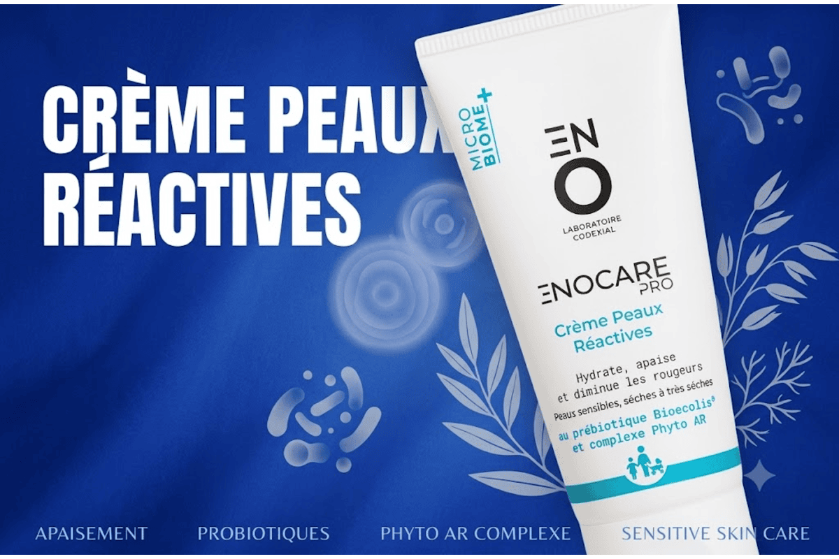 Tube ENOCARE PRO Crème Peaux Réactives du Laboratoire Codexial sur fond bleu profond avec icônes microbiome et feuillage, bandeau Apaisement Probiotiques Phyto AR Complexe Sensitive Skin Care