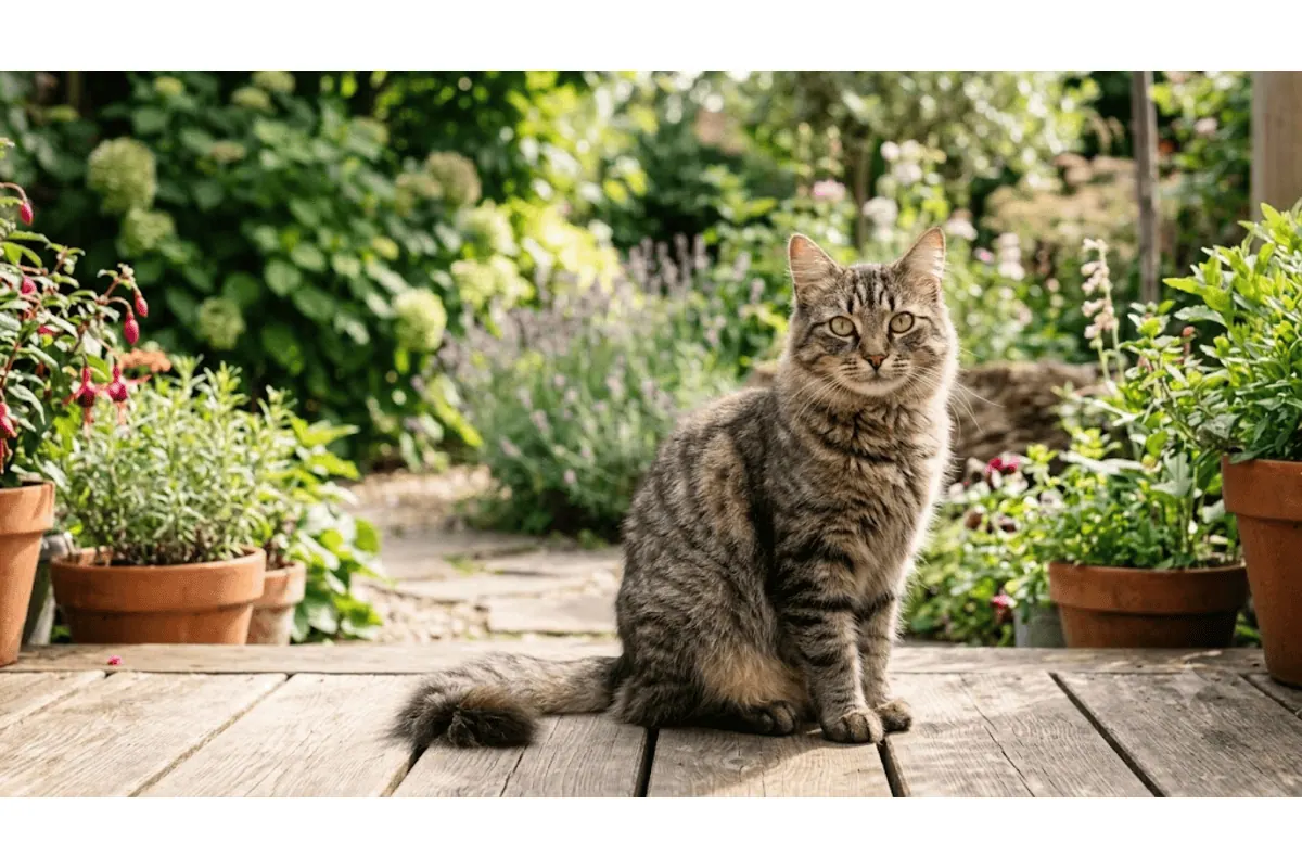 Chat tigré assis sur terrasse en bois entouré de fleurs et plantes étude appétence complément alimentaire pâte récupération nutrition juin juillet 2026
