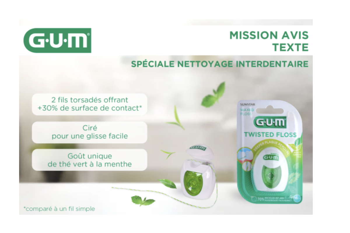 Test produit gratuit GUM Twisted Floss 50 fils dentaires the vert menthe 2 fils torsades cire mission avis Sunstar juin 2026