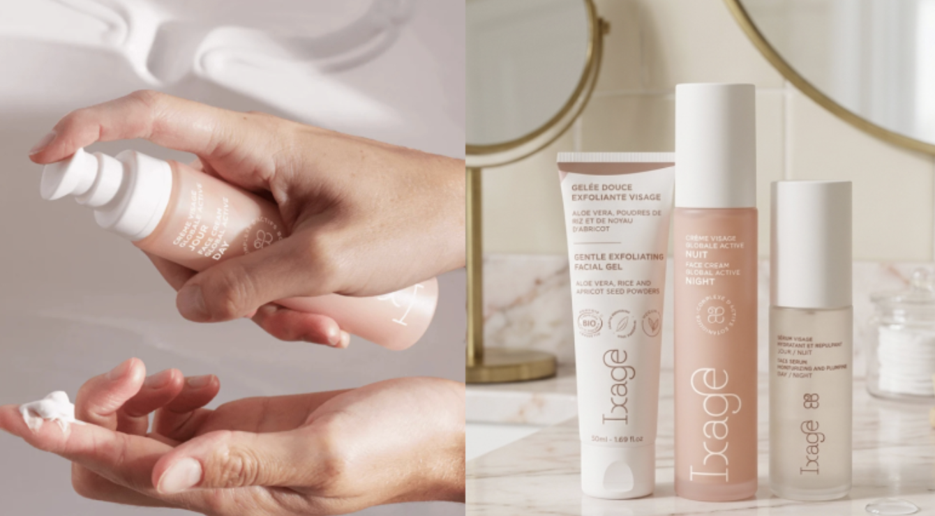 Ixage routine anti-âge bio Cosmos Organic flacons rose soin visage hydratant sérum