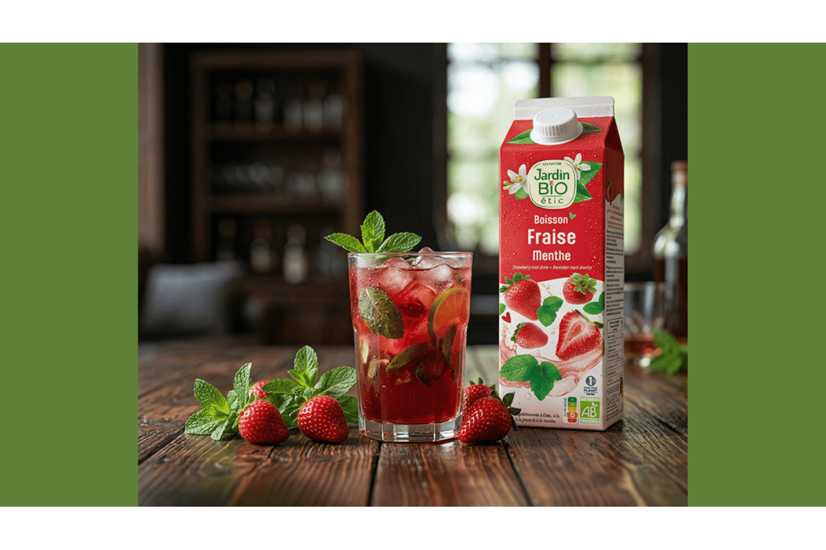 Test gratuit Jardin BiO étic boisson fraise menthe brique et verre glacé feuilles menthe fraîches