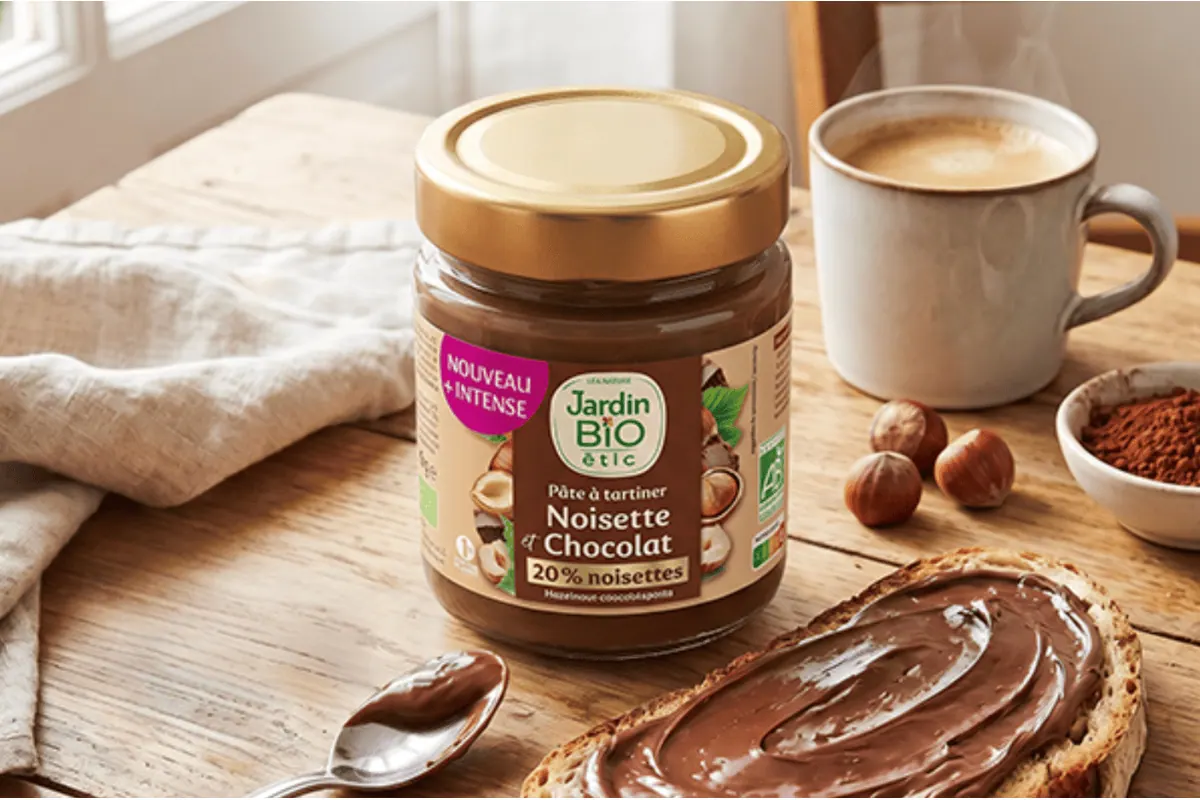Test gratuit Jardin Bio Etic pate a tartiner Noisette Chocolat 20 pourcent noisettes pot verre couvercle metal mai 2026