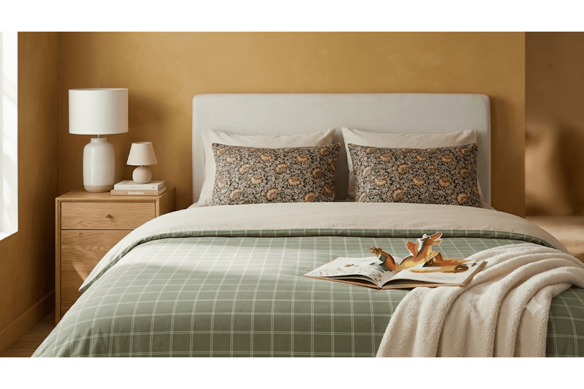 Kiabi Home chambre cosy parure de lit coton tête de lit beige claire housse couette motifs coussins fleuris ambiance moutarde table nuit bois clair test produit gratuit Community