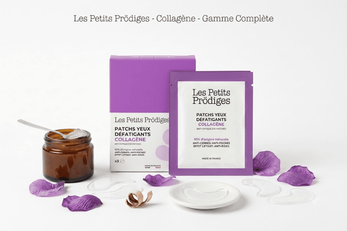 Coffret patchs yeux défatigants collagène Les Petits Prödiges avec sachet, pot en verre, patch en forme de larme et pétales violets