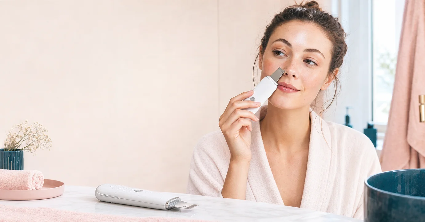 Femme utilisant un nettoyeur de pores visage ultrasonique blanc dans une salle de bain