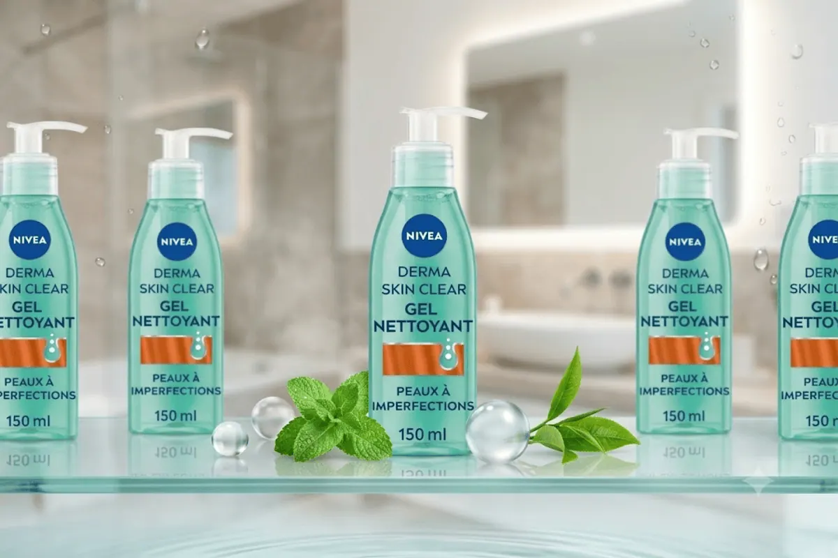 Cinq flacons Nivea Derma Skin Clear Gel Nettoyant 150 ml alignés sur étagère salle de bain avec feuilles de menthe et thé vert