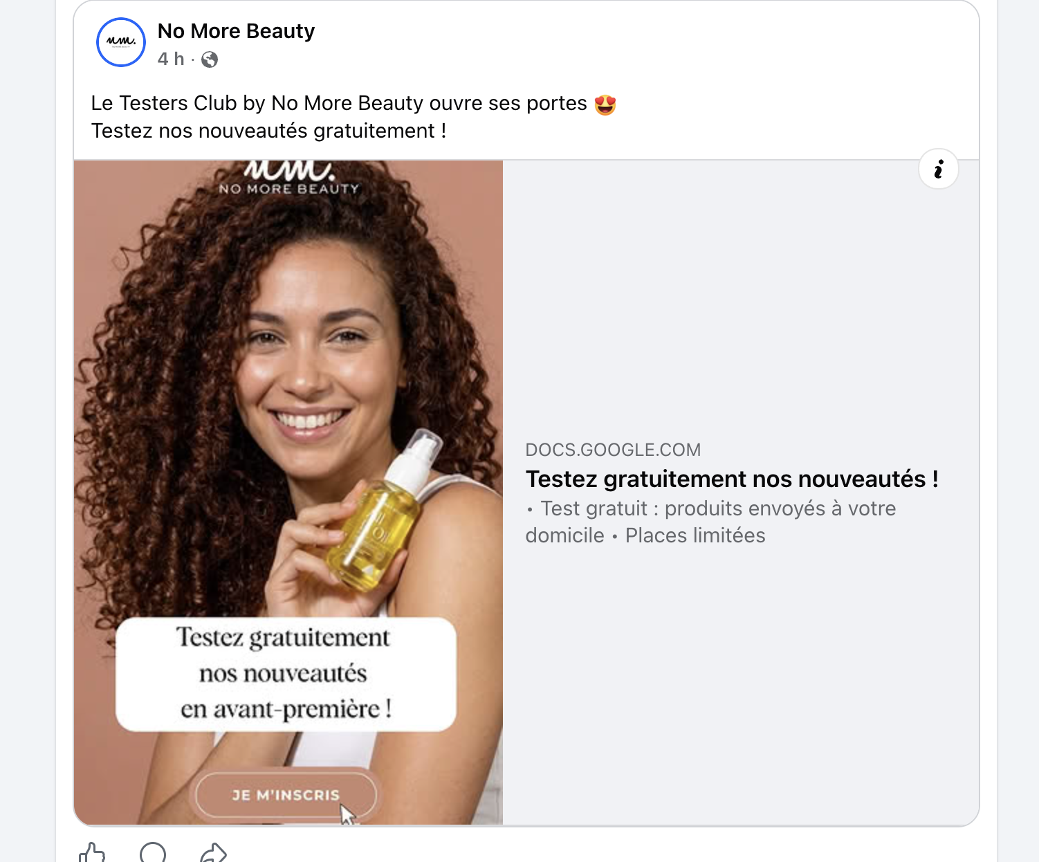 Testers Club No More Beauty annonce Facebook testez gratuitement les nouveautés en avant-première