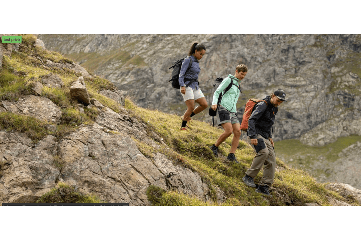 Test privé Outzer Rossignol Rainproof 2.5L Shell JKT veste imperméable trail montagne 3 randonneurs sac à dos sentier rocheux paysage alpin sélection testeurs jusqu'au 28 juin 2026