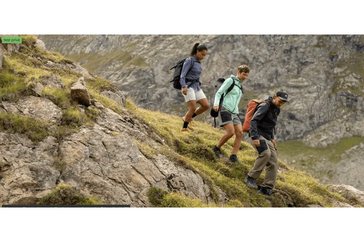 Test privé Outzer Rossignol Rainproof 2.5L Shell JKT veste imperméable trail montagne 3 randonneurs sac à dos sentier rocheux paysage alpin sélection testeurs jusqu'au 28 juin 2026