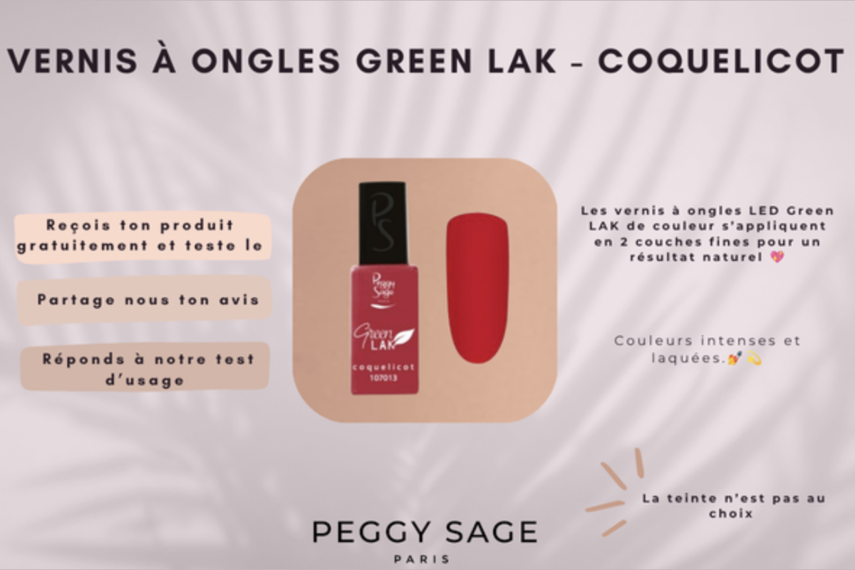 Peggy Sage vernis à ongles LED Green LAK teinte Coquelicot rouge référence 107013 manucure semi-permanente 2 couches fines résultat laqué test gratuit testeur août 2026