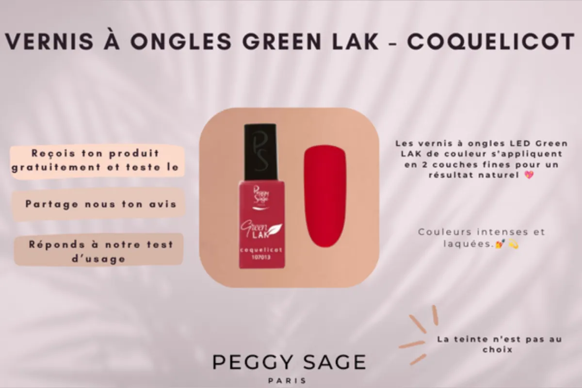 Peggy Sage vernis à ongles LED Green LAK teinte Coquelicot rouge référence 107013 manucure semi-permanente 2 couches fines résultat laqué test gratuit testeur août 2026