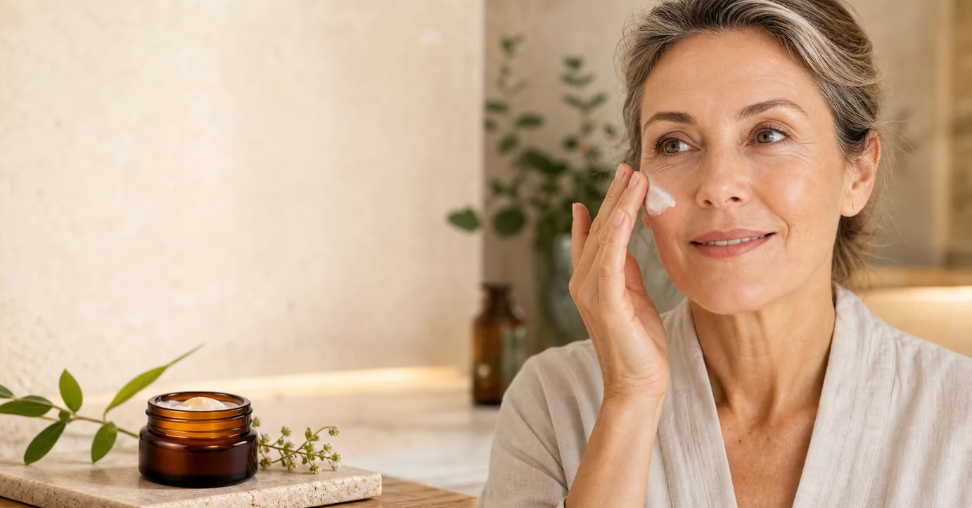 Femme mature appliquant une crème visage riche près d'un pot cosmétique ambré