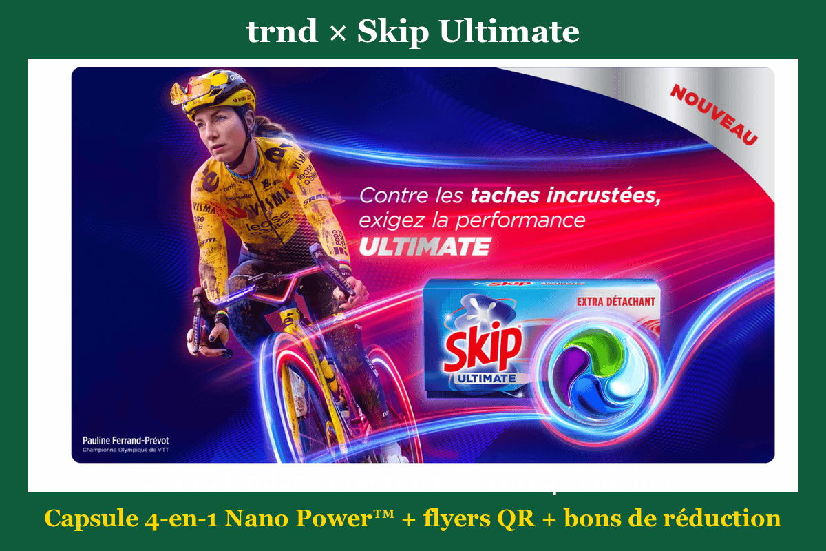 Test gratuit trnd Skip Ultimate Extra Détachant capsule 4-en-1 Nano Power 2000 trnders 4 semaines lessive sport taches boue herbe transpiration juin 2026