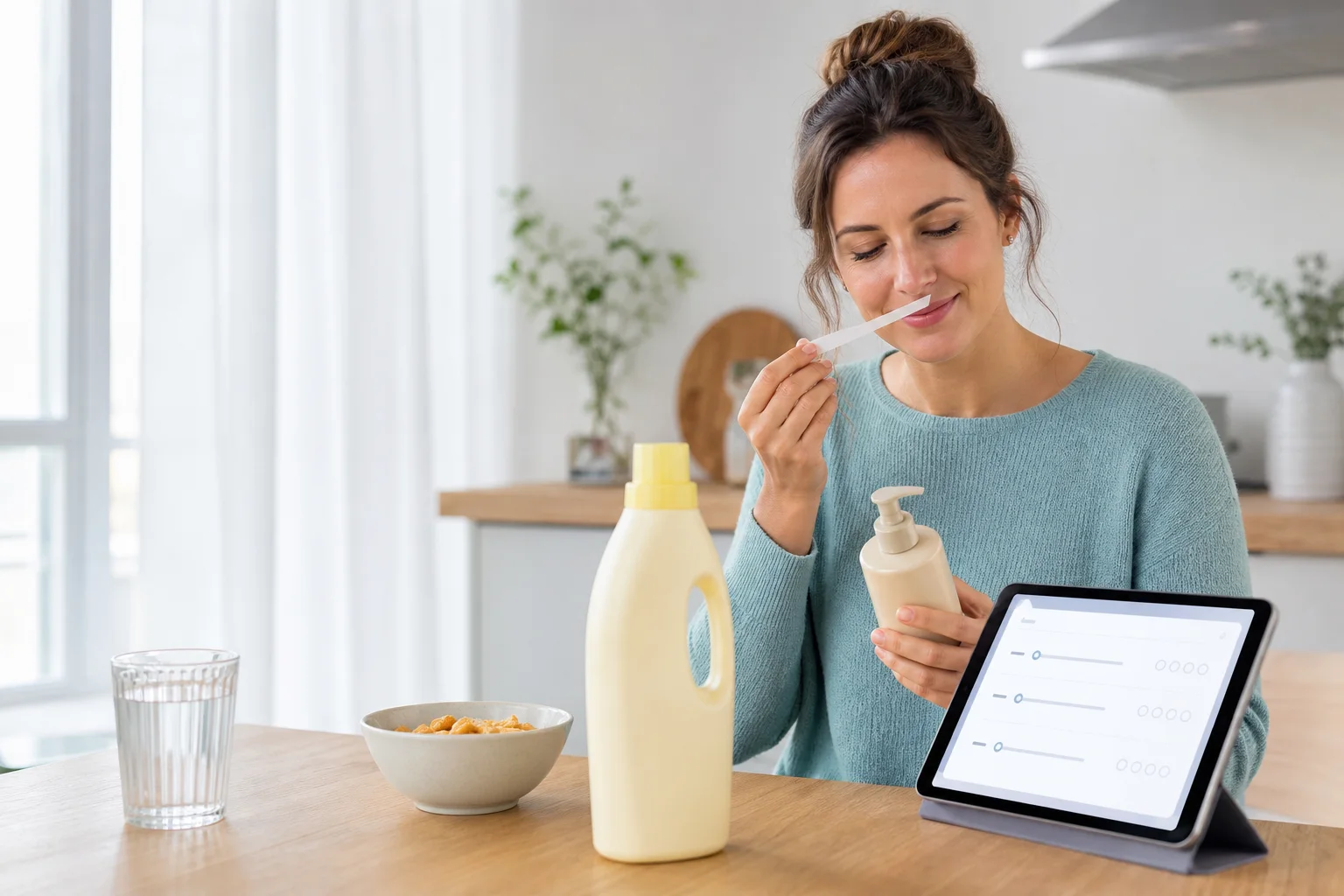 Testeuse évaluant des produits alimentaires, cosmétiques et ménagers avec un questionnaire