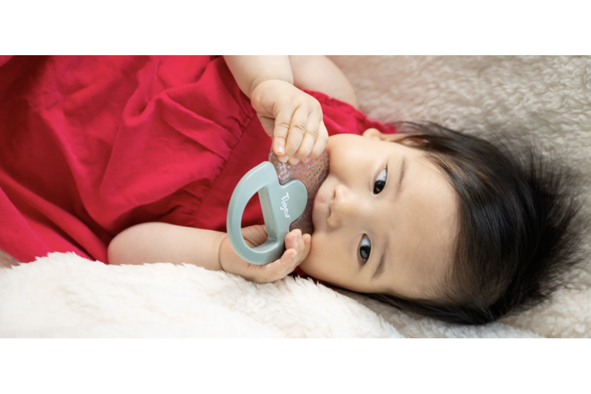 Bébé tenant un anneau de dentition et hochet réfrigérant Tigex bleu et rose