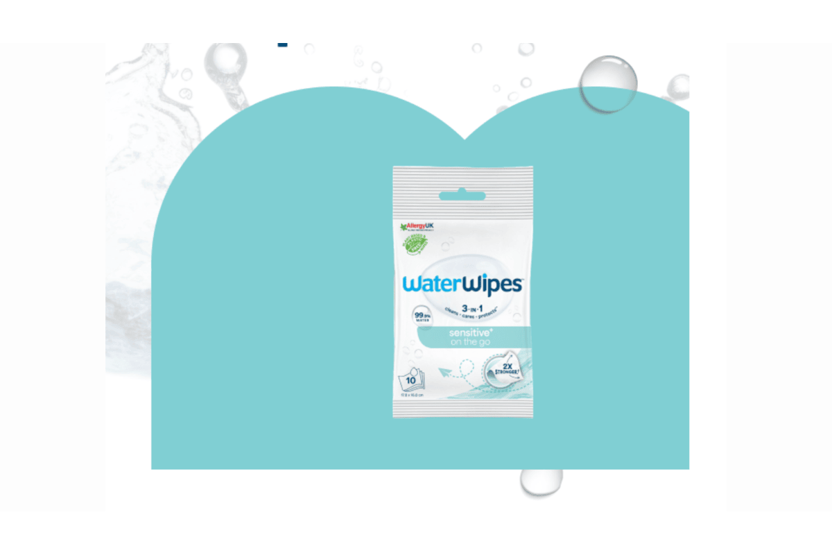 Test gratuit WaterWipes Sensitive+ On The Go lingettes peaux sensibles sans parfum 99,9% eau purifiée extrait fruit format nomade voyage juillet 2026