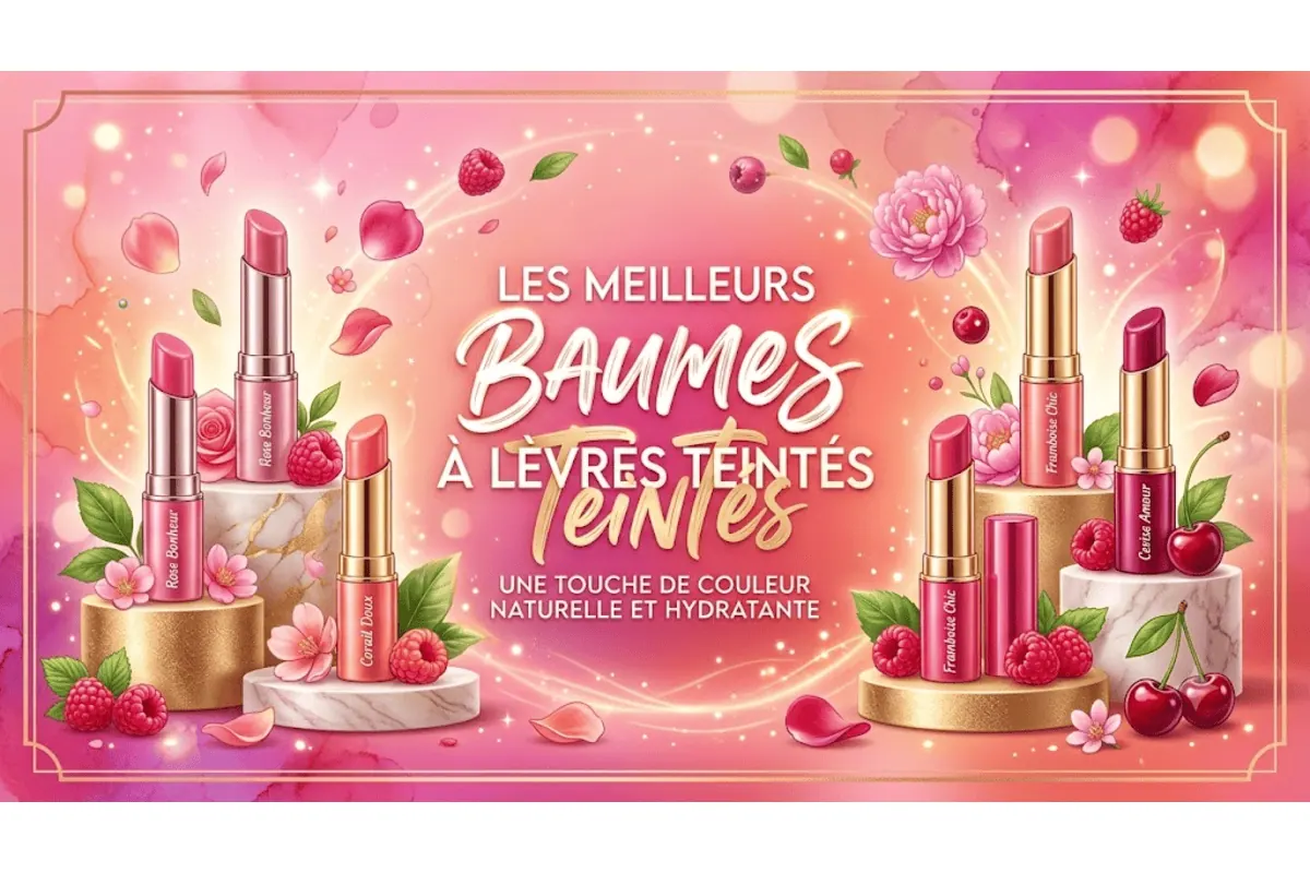 Baumes à lèvres teintés rouge framboise corail rose Rose Bonheur Corail Doux Framboise Chic Cerise Amour fleurs framboises cerises pétales fond rose girly
