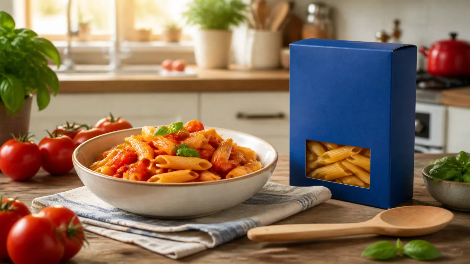 Plat de pâtes à la tomate et au basilic avec une boîte de pâtes