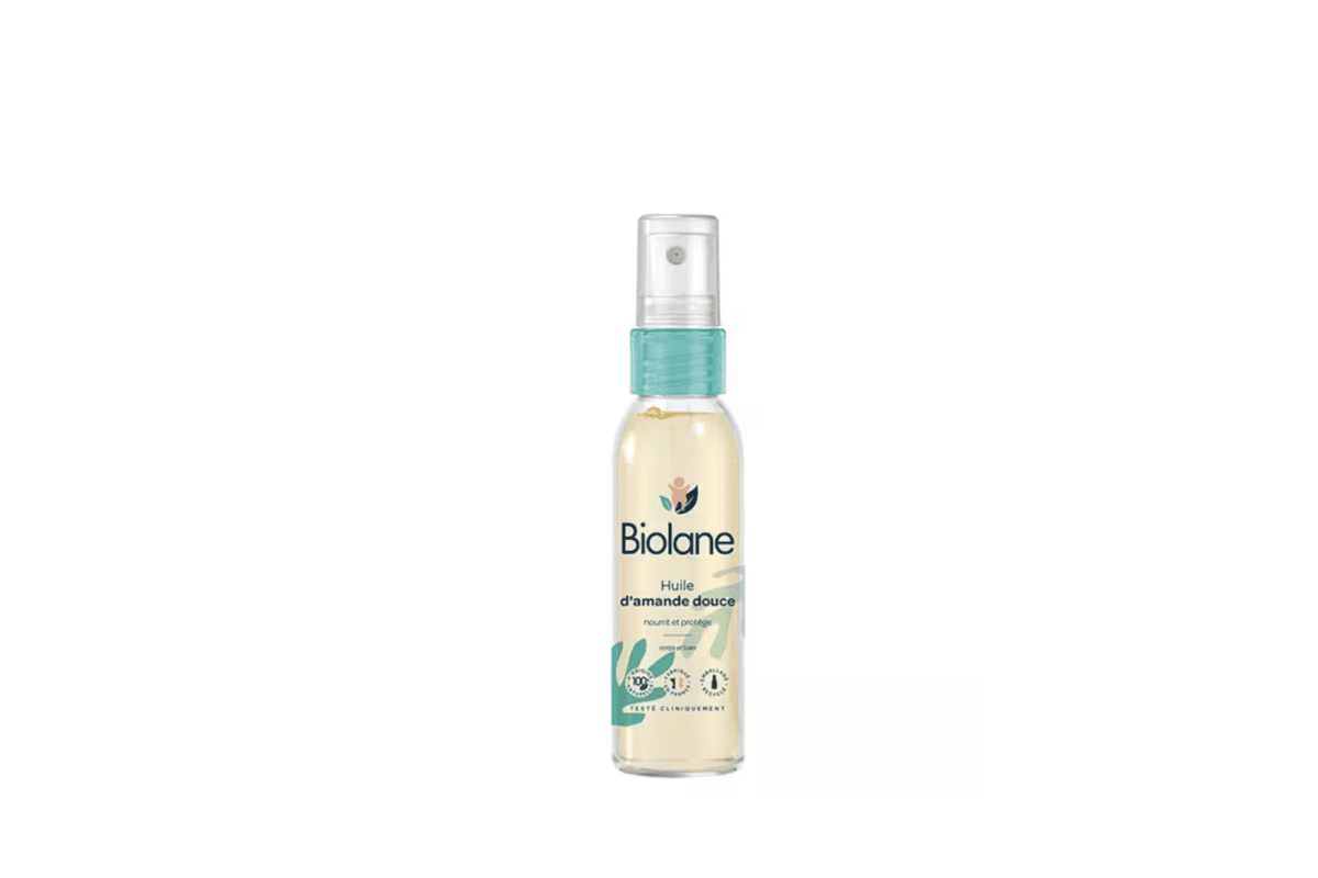 Biolane Huile d'amande douce bébé spray 75 ml nourrit protège testé cliniquement peaux sensibles corps et bain packaging blanc et vert menthe