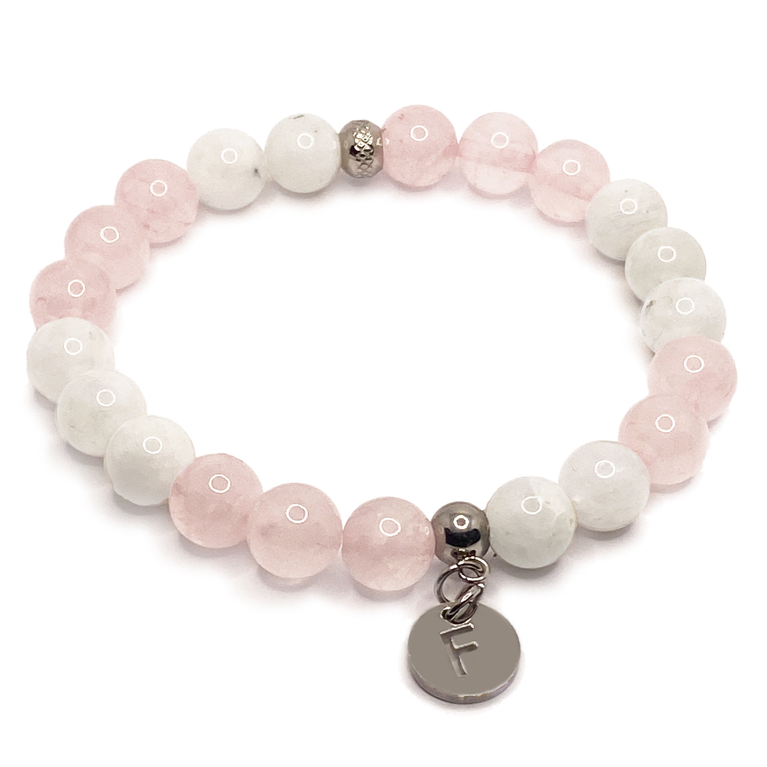 Bracelet Féminité Foresto Antibes en perles de pierre de lune et quartz rose dans son écrin