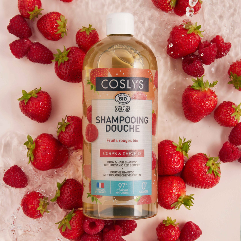 Shampooing douche Coslys aux fruits rouges en format rechargeable de 1 litre proposé à quinze testeurs