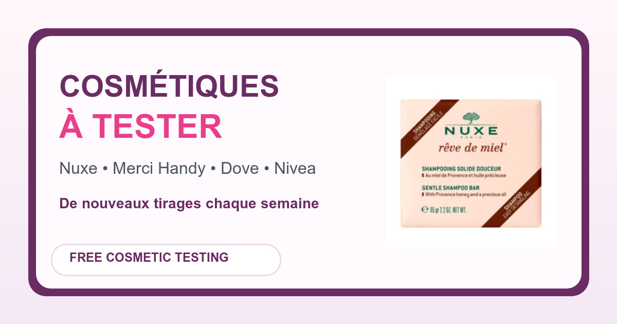 Cosmétiques à tester gratuitement sur Free Cosmetic Testing avec un shampoing solide Nuxe Rêve de Miel