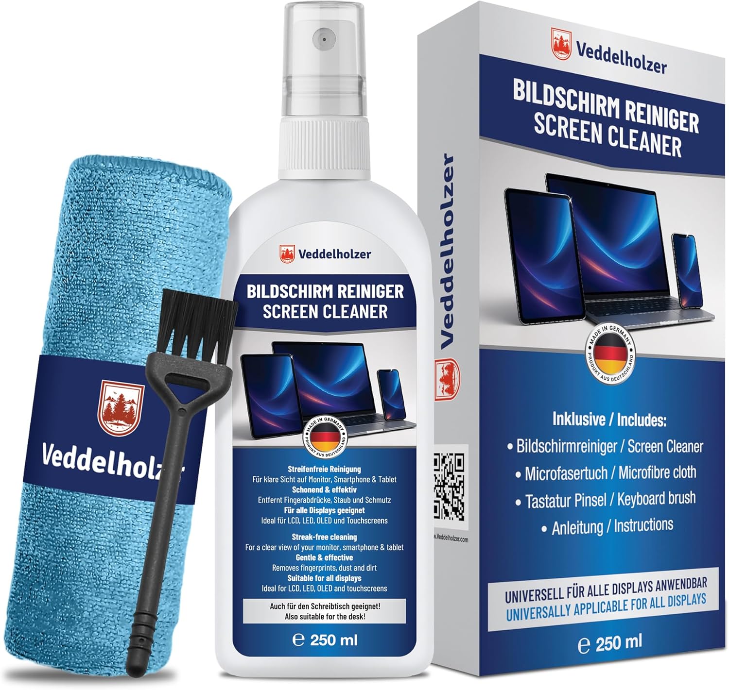 Kit Veddelholzer avec spray nettoyant pour écran, chiffon microfibre et petite brosse