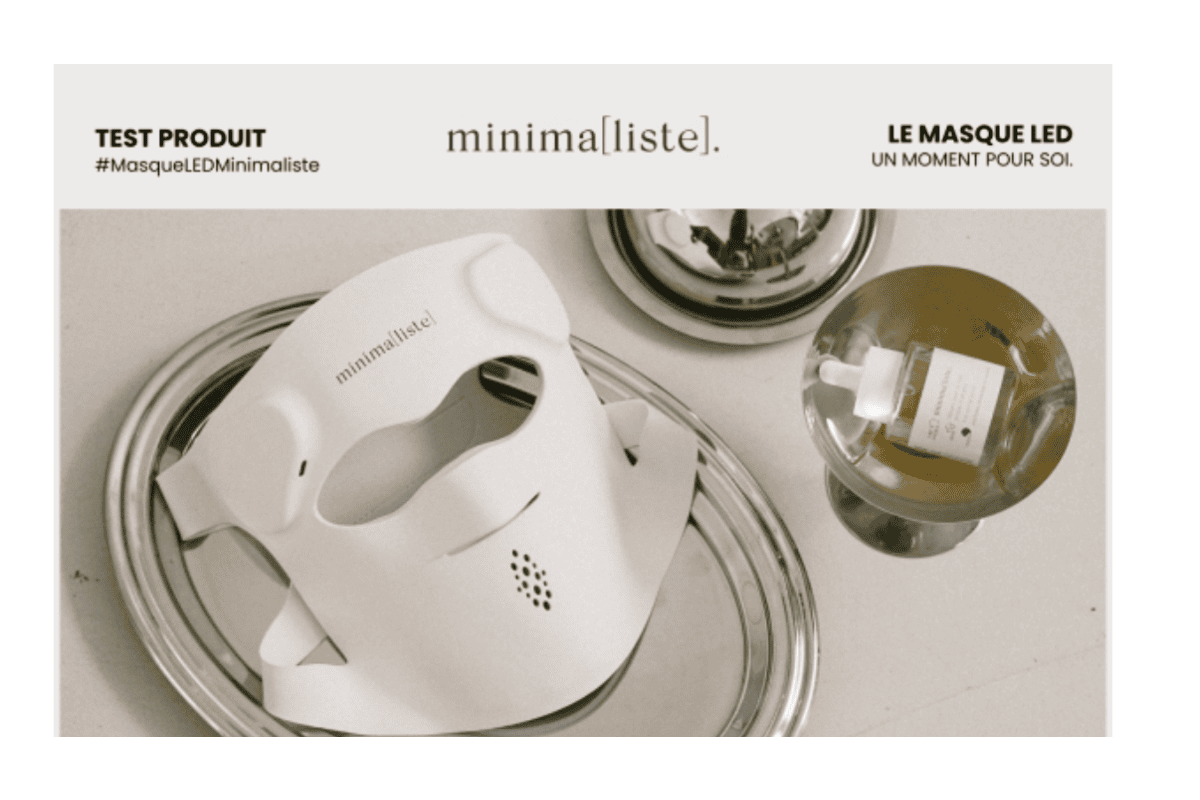 Test gratuit Minimaliste masque LED visage 9 modes 280 LEDs 4 longueurs d'onde photobiomodulation candidature ambassadrices jusqu'au 19 juillet 2026