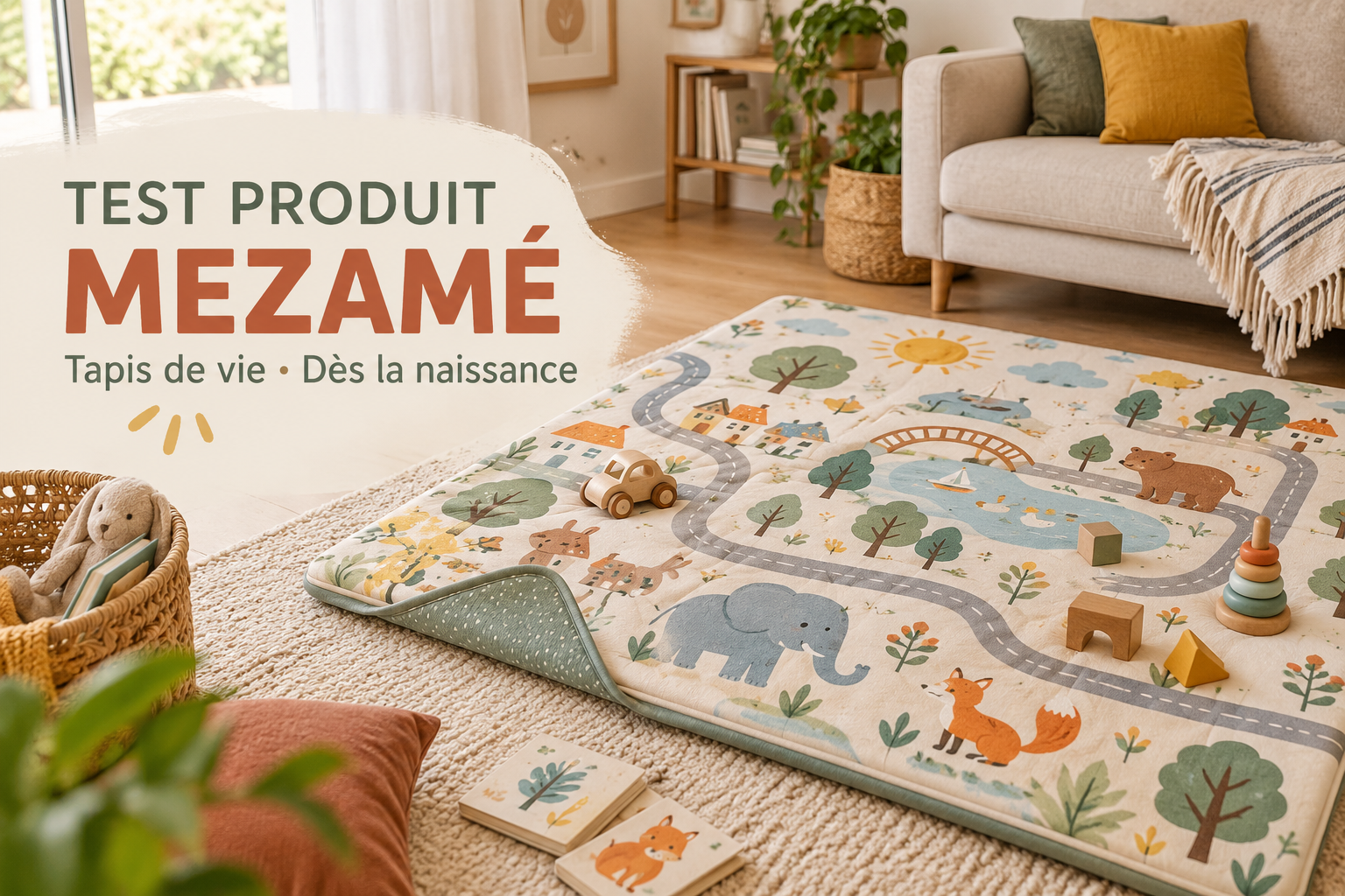 Illustration d’un tapis de vie épais avec housse d’activités dans un salon familial