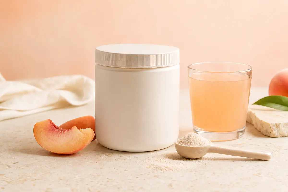 Pot de complément au collagène en poudre, doseur et boisson saveur pêche
