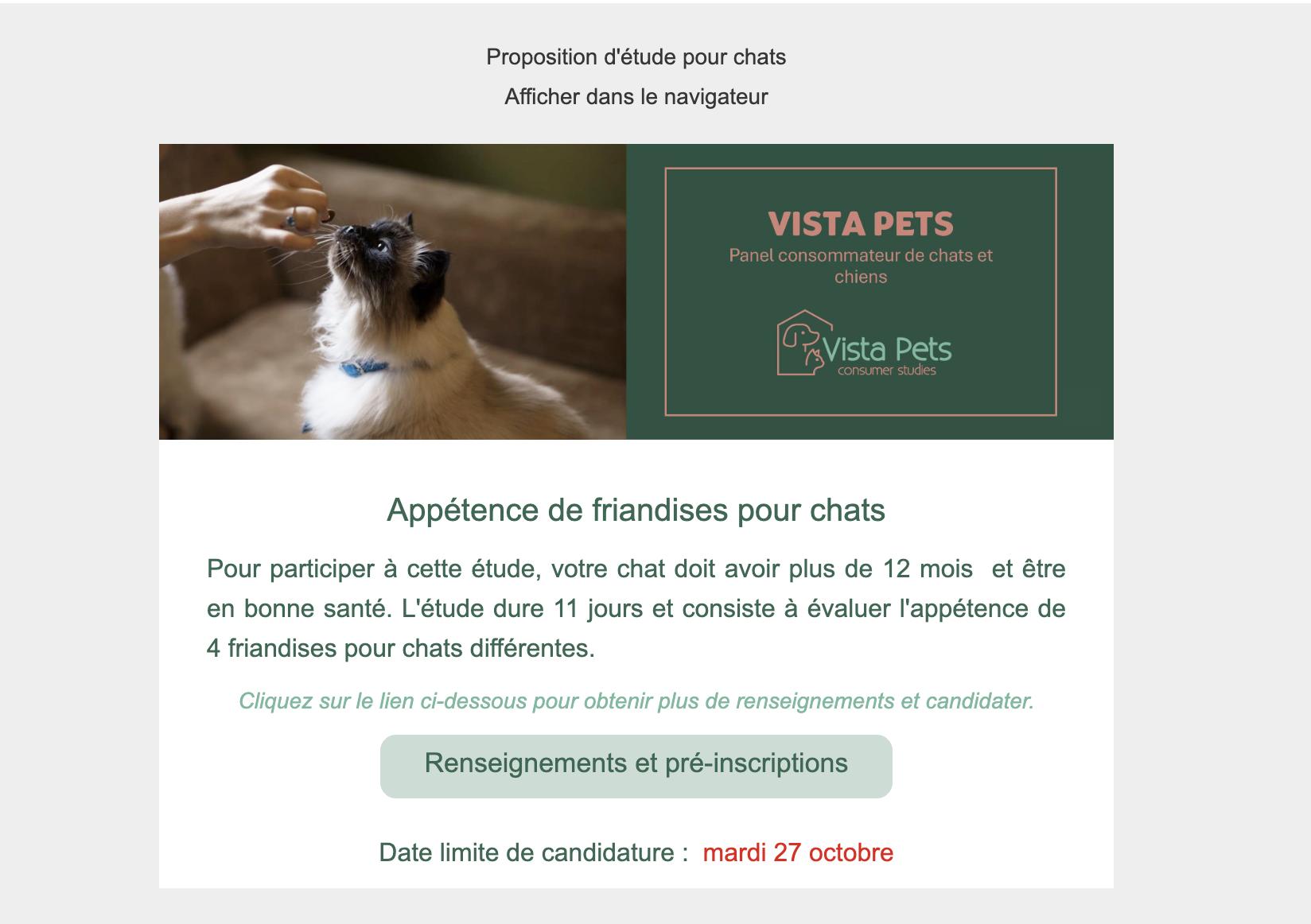Annonce Vista Pets pour une étude de 11 jours sur quatre friandises pour chats, avec un chat recevant une friandise
