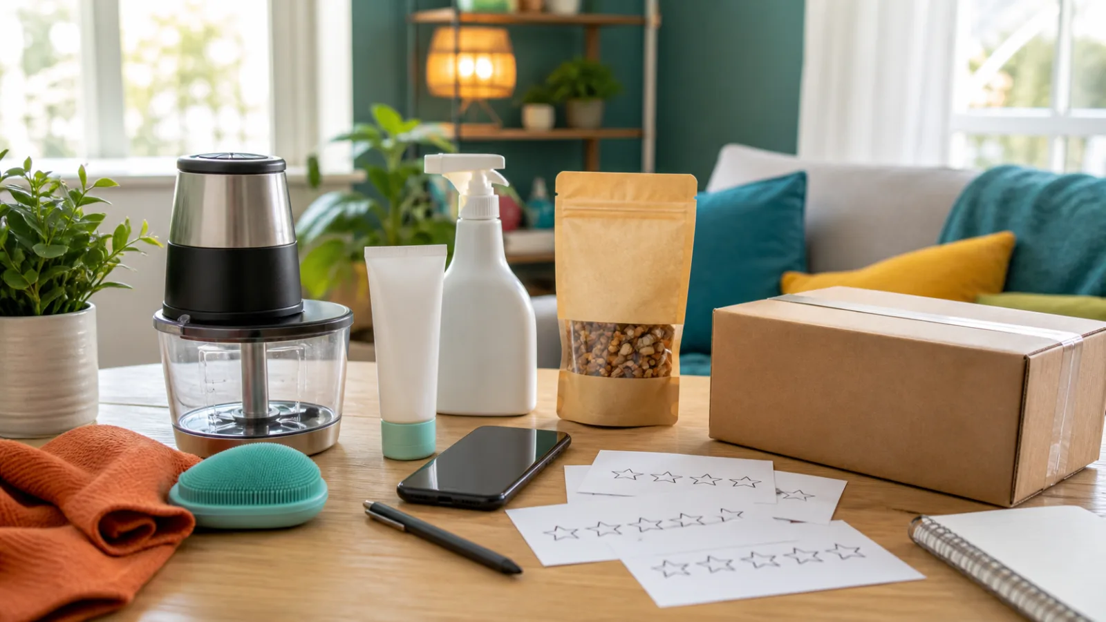Produits du quotidien à évaluer avec un colis, un téléphone et des cartes d’avis
