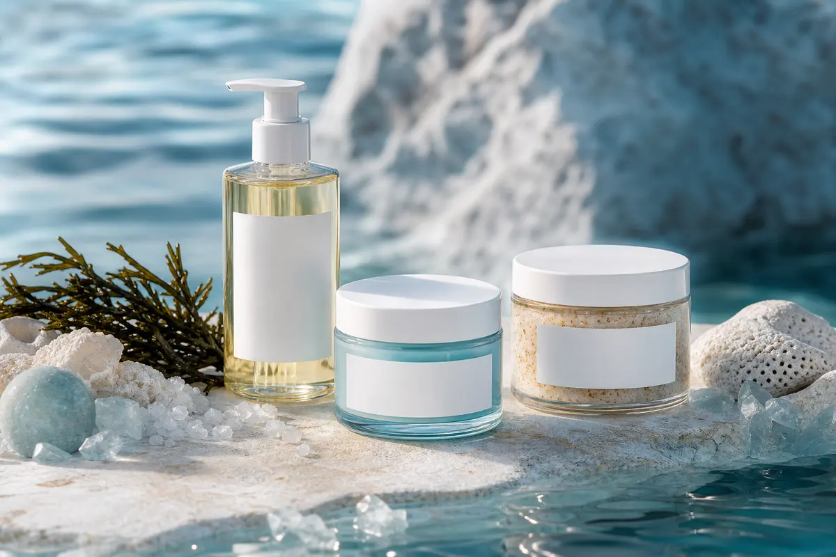 Trois cosmétiques marins avec huile démaquillante, masque et gommage