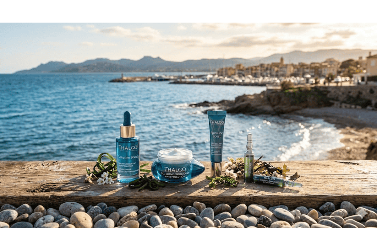 Thalgo Spiruline Boost gamme bleue sérum masque sticks flacons galets bord mer Saint-Raphaël coucher de soleil