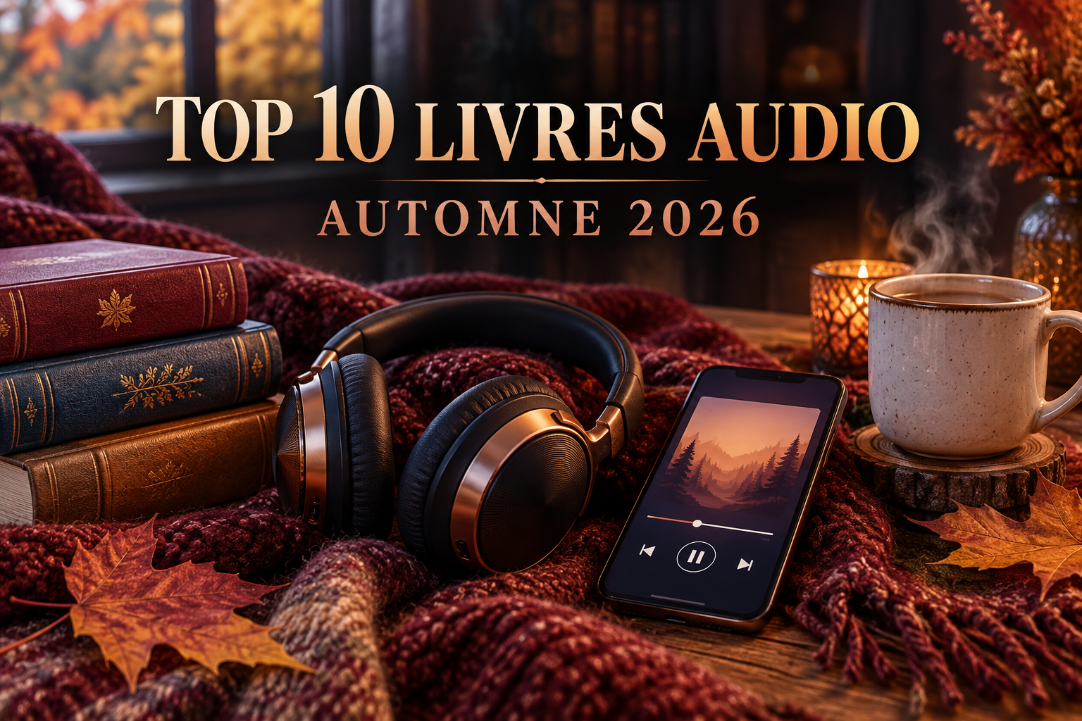 Casque audio, smartphone et livres dans une ambiance chaleureuse d’automne