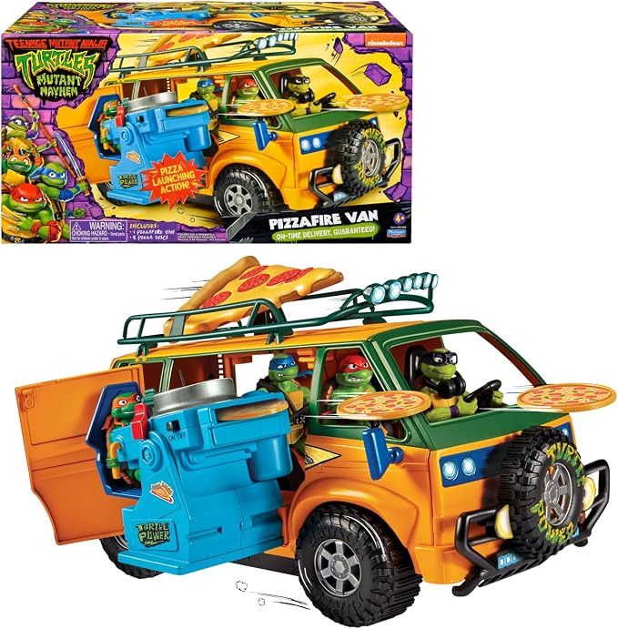 Camion Tortues Ninja orange et vert avec lanceur de pizzas déployé et sa boîte